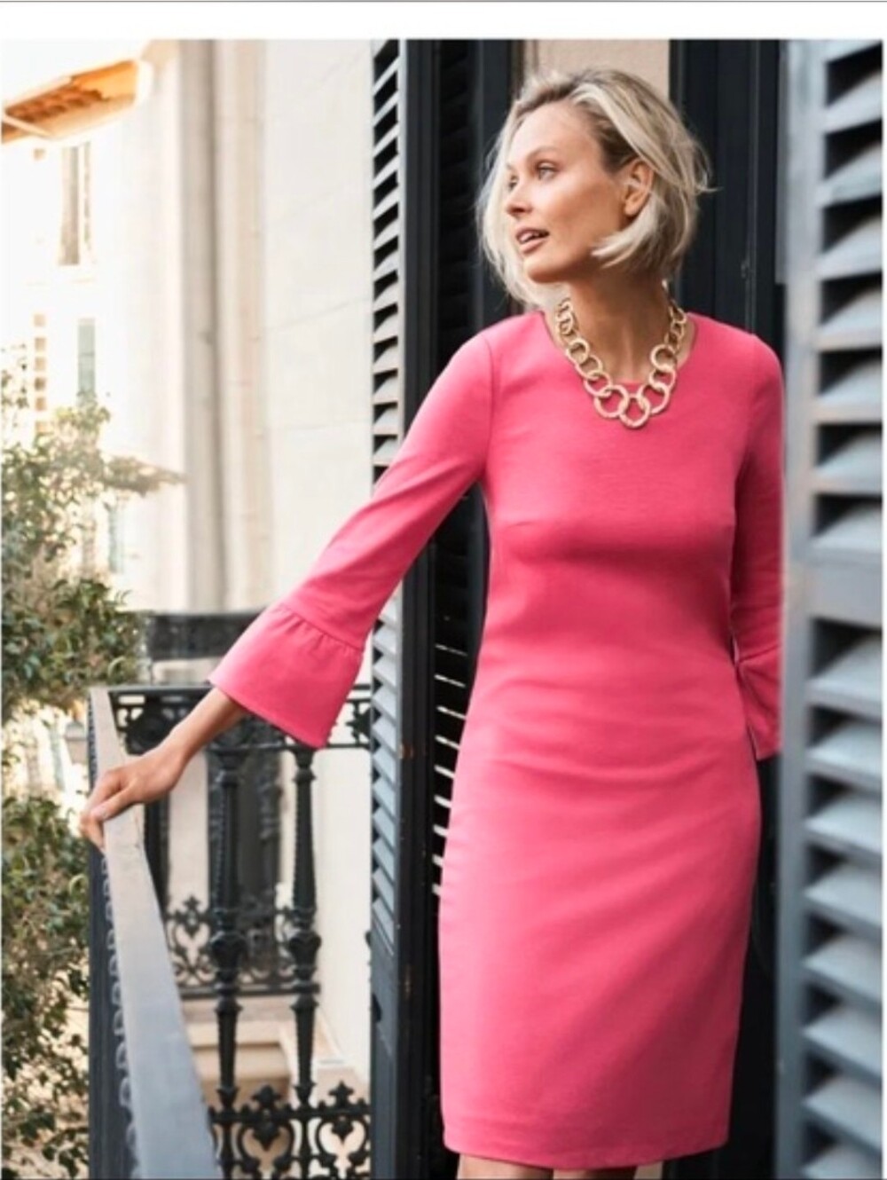 Boden Size 4 Livinia Ponte Dress Pink Bell-Sleeve Midi Sheath Dress